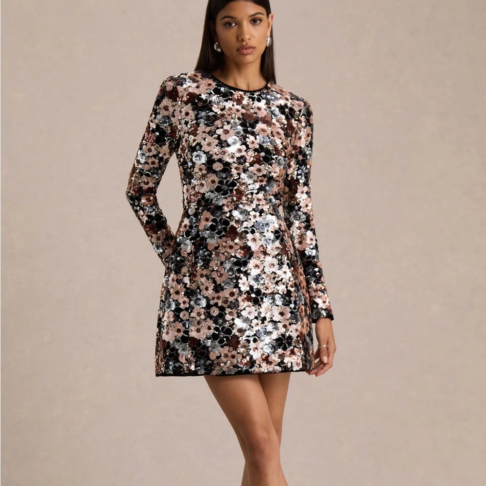 Club L London, Adaline Black Velvet & Embellished Floral Sequin Dress